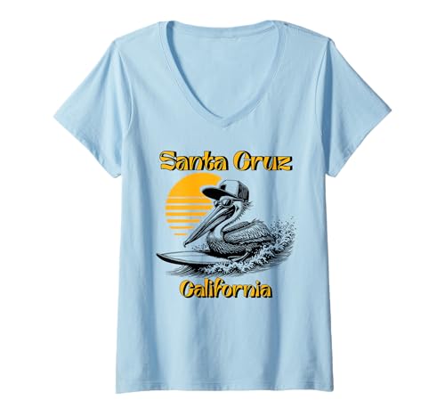 Damen 70er 80er CA Retro Surfing Pelikan Santa Cruz T-Shirt mit V-Ausschnitt Damen 70er 80er CA Retro Surfing Pelikan Santa Cruz T-Shirt mit V-Ausschnitt von Santa Cruz Retro Vintage 70s Surf Wear