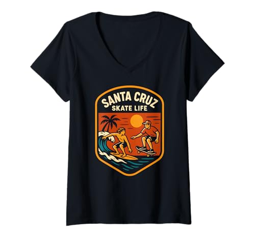 Damen Santa Cruz Skate Life Retro Herren Beachy Vibes T-Shirt mit V-Ausschnitt von Santa Cruz Surfs Up Palm Trees And Sunshine