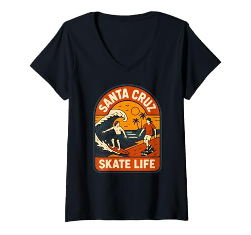 Damen Santa Cruz Skate Life Retro Herren Beachy Vibes T-Shirt mit V-Ausschnitt von Santa Cruz Surfs Up Palm Trees And Sunshine