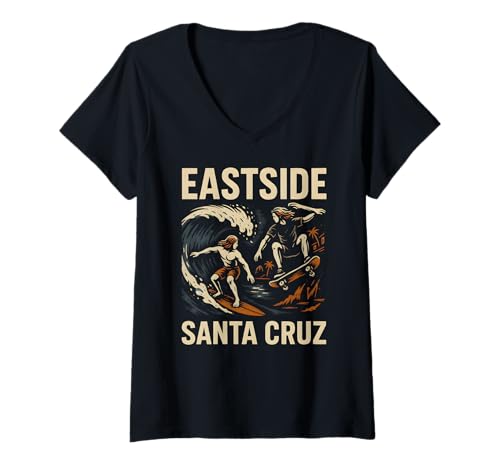 Damen Santa Cruz Surf Eastside Santa Cruz Retro Herren Surfs Up T-Shirt mit V-Ausschnitt von Santa Cruz Surfs Up Palm Trees And Sunshine