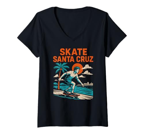 Damen Skate Santa Cruz Vintage Herren Beach Skateboarding T-Shirt mit V-Ausschnitt Damen Skate Santa Cruz Vintage Herren Beach Skateboarding T-Shirt mit V-Ausschnitt von Santa Cruz Surfs Up Palm Trees And Sunshine