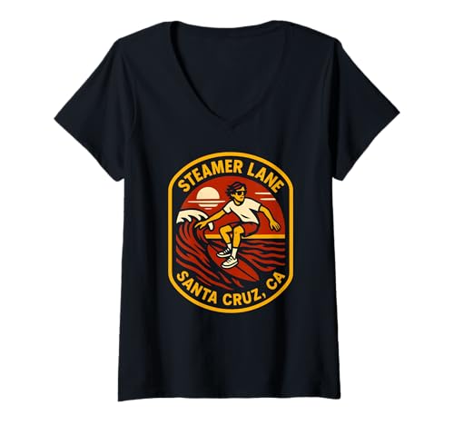 Damen Surfing Santa Cruz Steamer Lane Vintage Herren Beach Life T-Shirt mit V-Ausschnitt von Santa Cruz Surfs Up Palm Trees And Sunshine