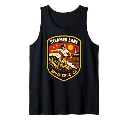 Surfing Santa Cruz Steamer Lane Vintage Herren Beach Life Tank Top von Santa Cruz Surfs Up Palm Trees And Sunshine