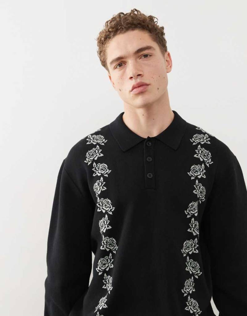 Santa Cruz - Langärmeliges Strick-Polohemd in Schwarz mit Rosendetails von Santa Cruz