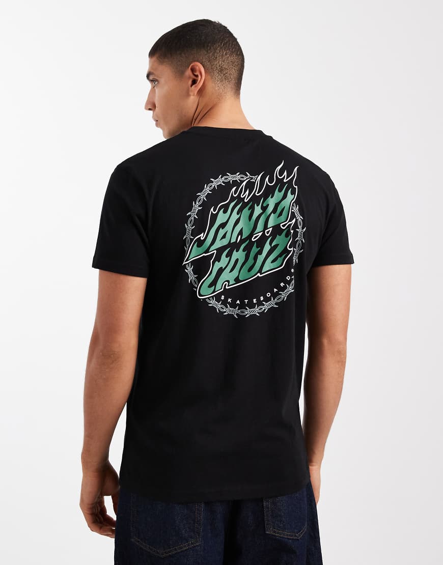Santa Cruz - T-Shirt in Schwarz mit Flammen-Logo mit runder Stacheldrahtumrandung hinten von Santa Cruz