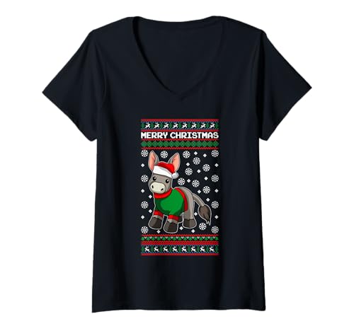 Santa Donkey Ugly Christmas Animal Apparel Damen Esel trägt Weihnachtsmannmütze und Pullover hässliche Weihnachten T-Shirt mit V-Ausschnitt Schwarz Klein von Santa Donkey Ugly Christmas Animal Apparel