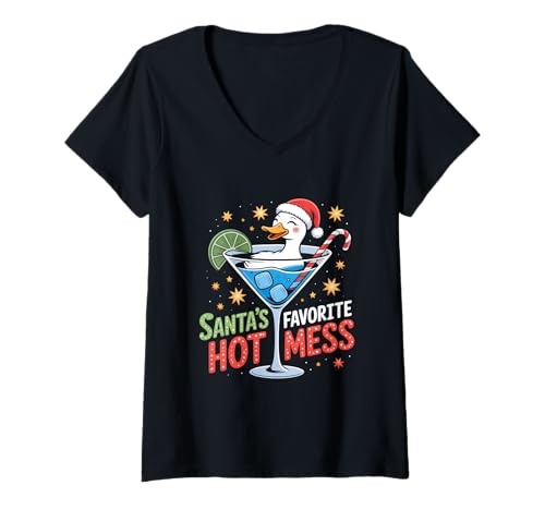 Damen Santa's Hot Favorite Mess Holiday Humor T-Shirt mit V-Ausschnitt Damen Santa's Hot Favorite Mess Holiday Humor T-Shirt mit V-Ausschnitt von Santa Duck Holiday Cheer Fun Cocktail