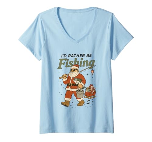 Damen Ich würde Lieber am Weihnachtsmann Angeln T-Shirt mit V-Ausschnitt von Santa Fishing Christmas Outdoor Fun