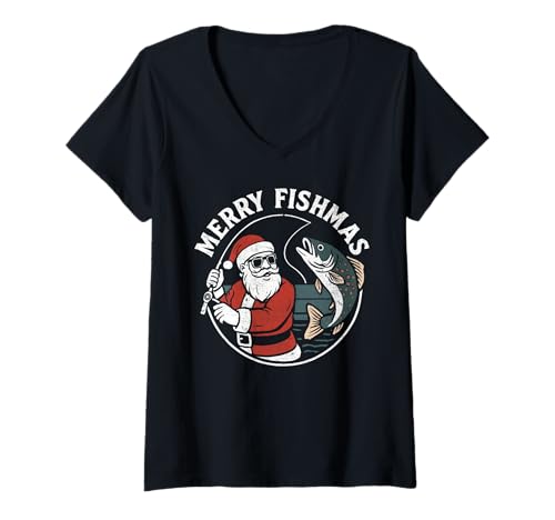 Damen Merry Fishmas, Weihnachtsangeln Weihnachtsmann T-Shirt mit V-Ausschnitt Damen Merry Fishmas, Weihnachtsangeln Weihnachtsmann T-Shirt mit V-Ausschnitt von Santa Fishing quote