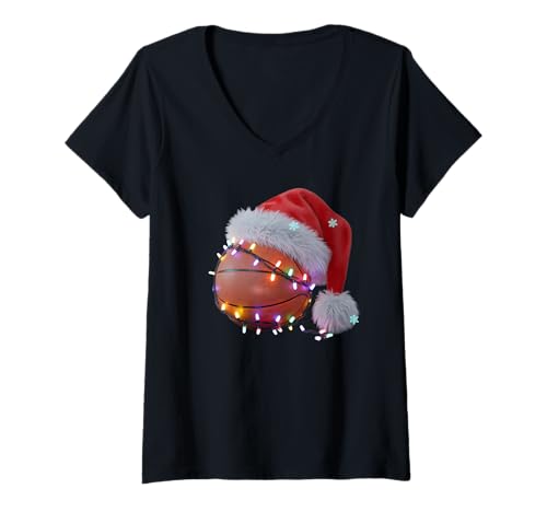 Damen Weihnachts-Basketball-Weihnachtsmannmütze, T-Shirt mit V-Ausschnitt von Santa Hat Basketball Christmas Lights Sports Co