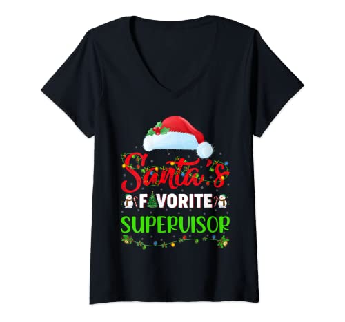 Damen Beleuchtung Weihnachten Weihnachtsmann's Lieblings-Supervisor Weihnachten T-Shirt mit V-Ausschnitt von Santa Hat Supervisor Christmas Gifts