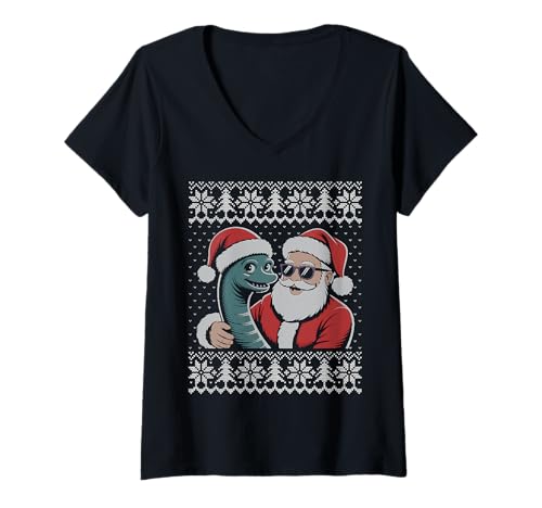 Damen Lustiger Loch Ness Monster Ugly Christmas Sweater T-Shirt mit V-Ausschnitt Damen Lustiger Loch Ness Monster Ugly Christmas Sweater T-Shirt mit V-Ausschnitt von Santa Loch Ness Monster