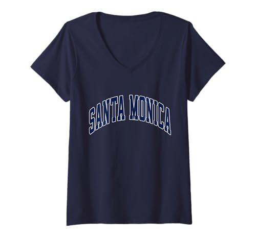 Damen Santa Monica California CA, Varsity-Stil, marineblauer Text T-Shirt mit V-Ausschnitt von Santa Monica California T-Shirts & Tees