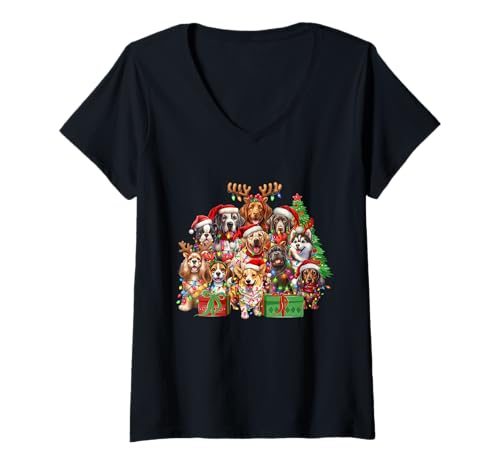 Damen Weihnachtshunde Festliche Lichter und Weihnachtsmannmützen T-Shirt mit V-Ausschnitt Damen Weihnachtshunde Festliche Lichter und Weihnachtsmannmützen T-Shirt mit V-Ausschnitt von Santa Paws Holiday Co.