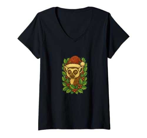 Damen Weihnachtslemur mit Weihnachtsmannmütze, Zootier T-Shirt mit V-Ausschnitt von Santa Safari Treasure Arts