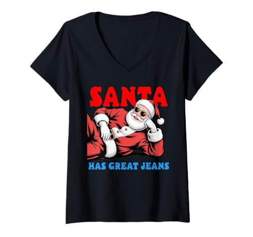 Damen Der Weihnachtsmann hat tolle Jeans, Cooler Weihnachtscharakter T-Shirt mit V-Ausschnitt Damen Der Weihnachtsmann hat tolle Jeans, Cooler Weihnachtscharakter T-Shirt mit V-Ausschnitt von Santa Sasswear