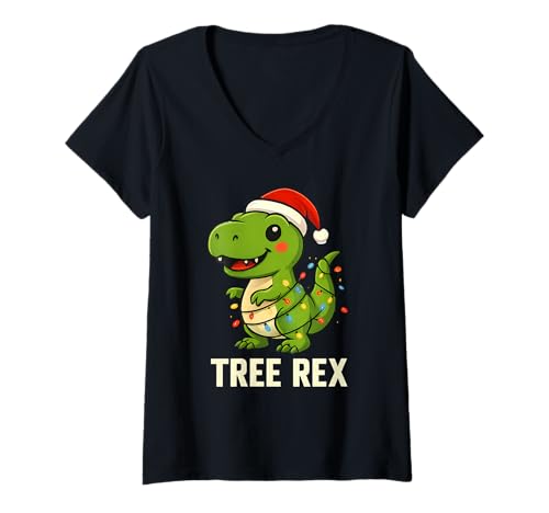 Damen Lustiger Baum Rex Dinosaurier Weihnachtsbeleuchtung Wortspiel Nikolausmütze T-Shirt mit V-Ausschnitt von Santa Saurus Dino Apparel