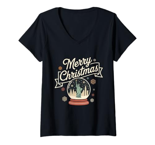 Damen Frohe Weihnachten New York Skyline in Schneekugel Schnee funkelt T-Shirt mit V-Ausschnitt von Santa claus riding reindeer in new york sky cute
