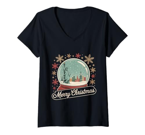 Damen Frohe Weihnachten New York Skyline in Schneekugel Schnee funkelt T-Shirt mit V-Ausschnitt Damen Frohe Weihnachten New York Skyline in Schneekugel Schnee funkelt T-Shirt mit V-Ausschnitt von Santa claus riding reindeer in new york sky cute