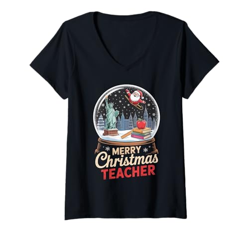 Damen Frohe Weihnachten New York Skyline in Schneekugel für Lehrer T-Shirt mit V-Ausschnitt Damen Frohe Weihnachten New York Skyline in Schneekugel für Lehrer T-Shirt mit V-Ausschnitt von Santa claus riding reindeer in new york sky cute