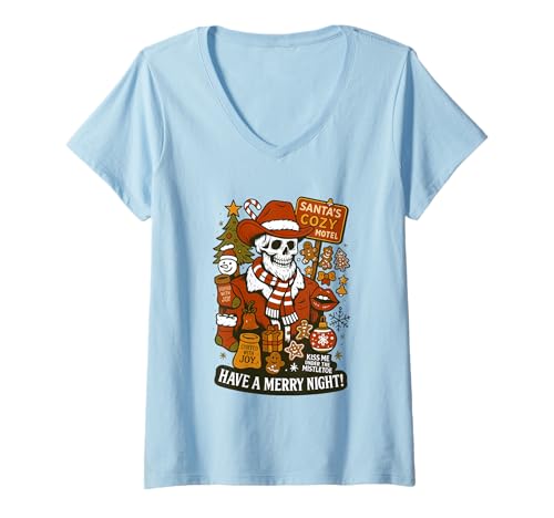 Damen Santa's Cozy Motel Haben Sie eine schöne Nacht T-Shirt mit V-Ausschnitt Damen Santa's Cozy Motel Haben Sie eine schöne Nacht T-Shirt mit V-Ausschnitt von Santa's Cozy Motel Holiday Fun Skull