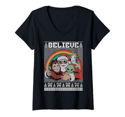 Damen Believe, Santa Bigfoot Alien Einhorn, hässlicher Weihnachtspullover T-Shirt mit V-Ausschnitt von Santa ugly Christmas sweater
