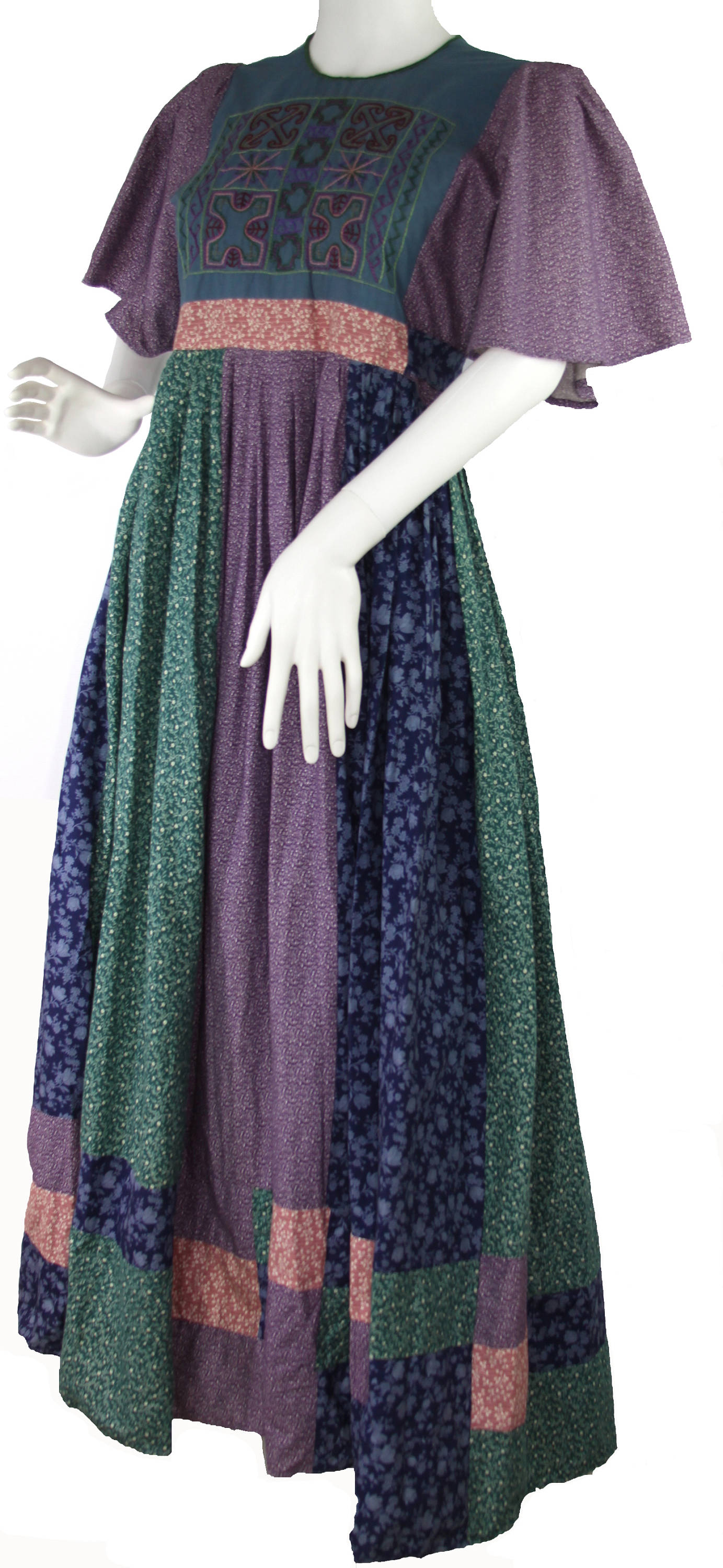 Vtg 1970's Praire Boho Calico Patchwork Kleid Langes Mit Bestickter Passe, Kurze Flatterärmel Handgemacht, Größe S/M Vtg 1970's Praire Boho Calico Patchwork Kleid Langes Mit Bestickter Passe, Kurze Flatterärmel Handgemacht, Größe S/M von SantaFeDesignGoods