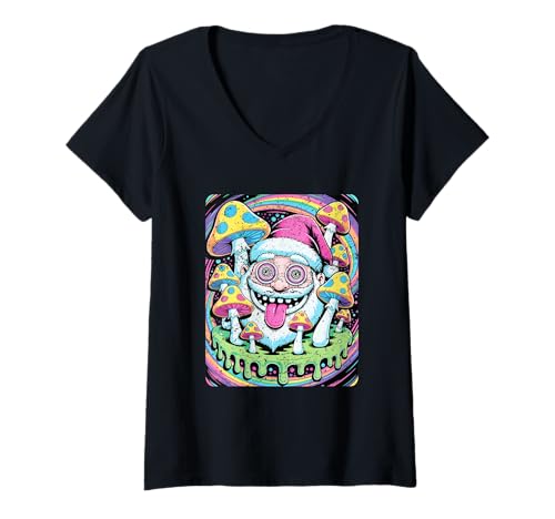 Damen Weird Crazy Santa mit Pilzen und hypnotischen Augen T-Shirt mit V-Ausschnitt Damen Weird Crazy Santa mit Pilzen und hypnotischen Augen T-Shirt mit V-Ausschnitt von SantaTrip