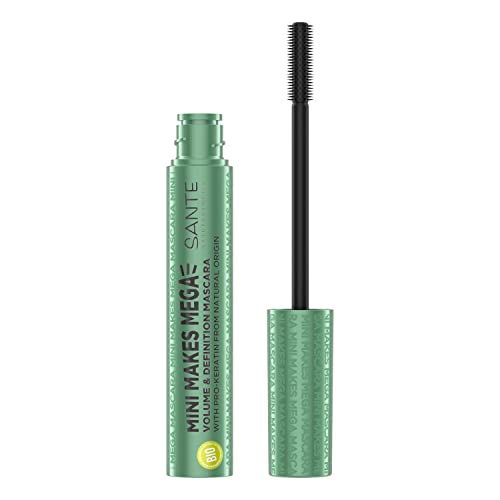 SANTE Naturkosmetik Wimperntusche flexibler Gummi Bürste, Mascara für verlängerte und voluminöse Wimpern, Mit Pro-Keratin gegen Haarbruch, Mini Makes Mega Mascara, Farbton: Black 01, 1 x 8 ml von Sante Naturkosmetik