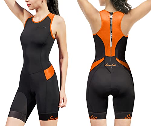 Damen Triathlon Anzug Schnell Trocknend Einteiler Ärmellos Tri-Anzug mit Gepolstert, schwarz / orange, Large von Santic