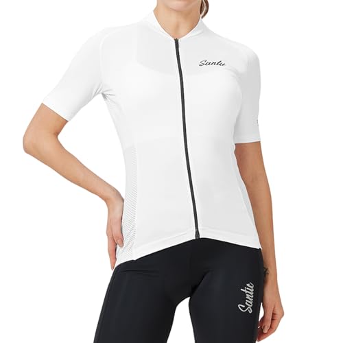 Santic Damen Radfahren Trikot Sommer Kurze Ärmel Fahrrad Jacke Fahrrad Shirt Atmungsaktiv schnell trocken reflektierende Radfahren Tops UPF50+ Weiß EU S von Santic