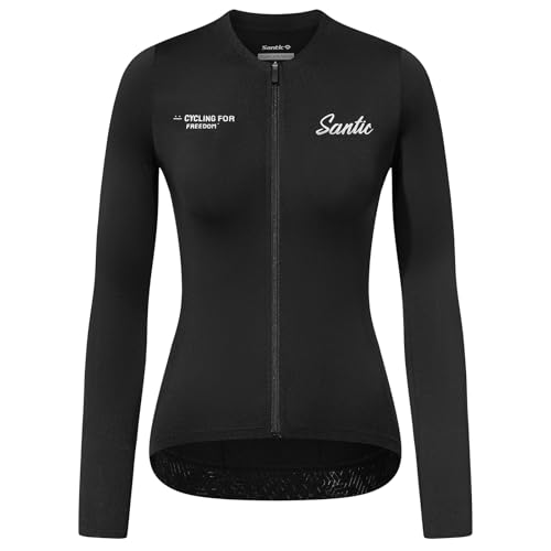 Santic Damen Radtrikot Langarm Top Rennrad Shirt Full Zipper UPF 50+ Fahrradtrikot mit Taschen, Schwarz, Mittel von Santic