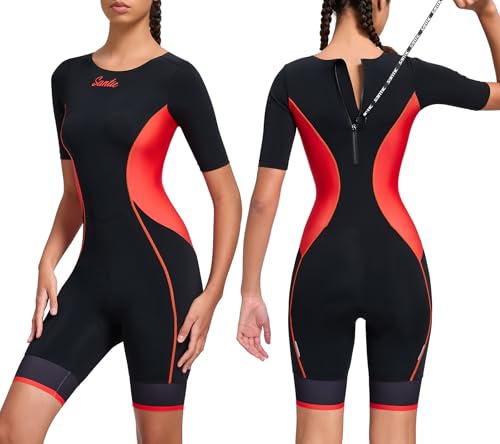 Santic Damen Triathlonanzug Gepolstert Triathlon Einteiler Kuzarm Anzug Pro Tri-Anzug Schnell Trocknend Abnehmen Fahrrad Skinsuit Rot XXL von Santic