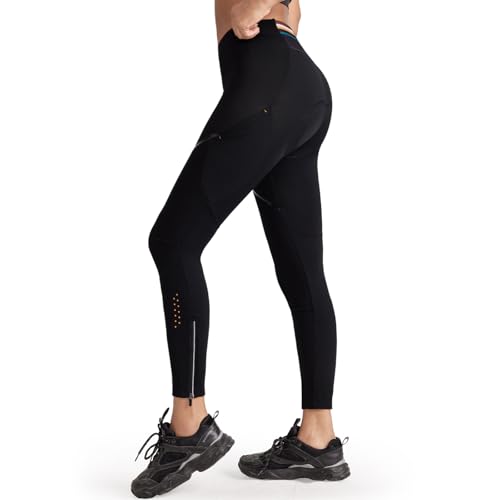 Santic Fahrradhose Damen Lang Gepolsterte Radlerhose mit Reißverschluss am Knöchel Superelastisch Radsport Thermoleggings Tights Radhose Lange Hosen Schwarz XL von Santic