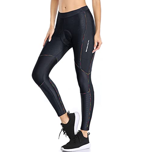 Santic Fahrradhose Lang Damen Radlerhose Gepolstert 7/8 Leggings Tights Sitzpolster Radsport Elastische Schnell Trocknend Atmungsaktive Schwarz Regenbogen XXL von Santic