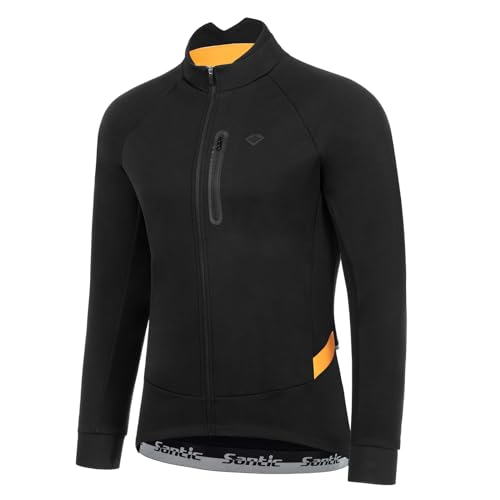 Santic Fahrradjacke Herren Winter Thermo Jacken Winddichte Laufjacke Leichte Atmungsaktiv Softshelljacke Langarm Reflektierend Reißverschlusstasche Schwarz Orange XXL von Santic