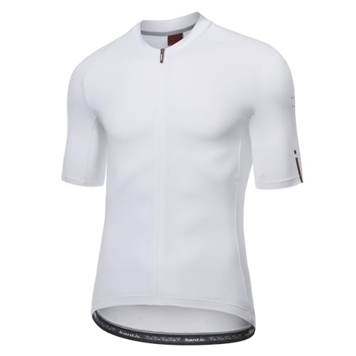 Santic Herren Radtrikot Kurzarm Tops Pro Rennrad Shirt Full Zipper UPF 50+ MTB Jersey mit Taschen, Weiß-2156, XL von Santic