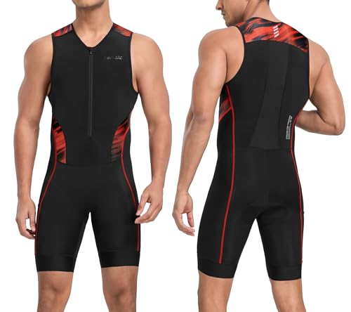 Santic Herren Triathlonanzug Gepolstert Einteiler Ärmellos Pro Triathlon-Anzug Rennsport Trisuit Kurzarm Radsportanzug für Radfahren Schwimmen Laufen Rot XXL von Santic