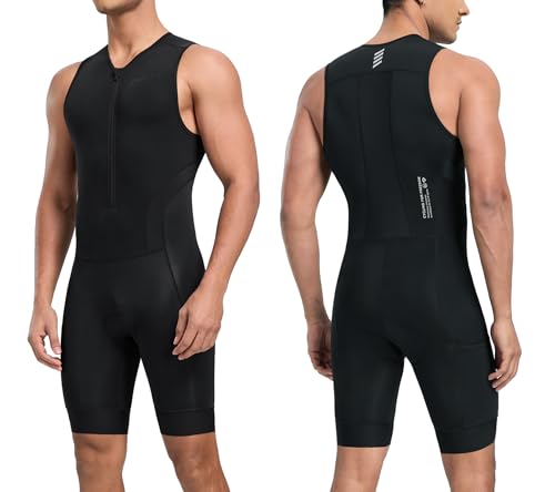 Santic Herren Triathlonanzug Gepolstert Einteiler Ärmellos Pro Triathlon-Anzug Rennsport Trisuit Kurzarm Radsportanzug für Radfahren Schwimmen Laufen Schwarz XXL von Santic