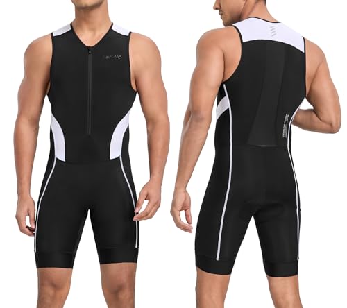 Santic Herren Triathlonanzug Gepolstert Einteiler Ärmellos Pro Triathlon-Anzug Rennsport Trisuit Kurzarm Radsportanzug für Radfahren Schwimmen Laufen Weiß XL von Santic