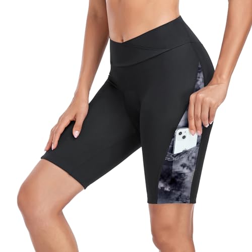Santic Radlerhose Damen Fahrradhose 4D Gepolstert Kurz Radhose mit Polster Radlershorts High Waist Elastische Seitentasche MTB Shorts Schwarz Grau L von Santic