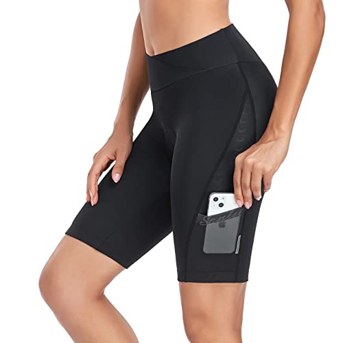 Santic Radlerhose Damen Fahrradhose 4D Gepolstert Kurz Radhose mit Polster Radlershorts High Waist Elastische Seitentasche MTB Shorts Schwarz XXL von Santic