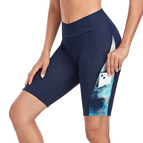 Santic Radlerhose Damen Fahrradhose 4D Gepolstert Kurz Radhose mit Polster Radlershorts High Waist Elastische Seitentasche MTB Shorts Blue S von Santic