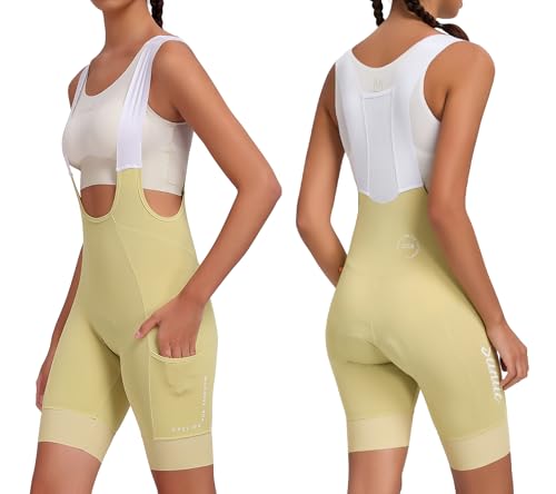 Santic Radlerhose Damen Gepolstert Radhose mit Träger Fahrrad-Trägerhose Damen Bib Shorts Fahrradhose 4D Sitpolstert Tasche Gelb M von Santic