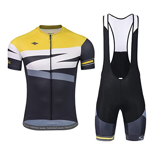 Santic Radtrikot Set Kurzarm Herren Radsport Set Fahrradtrikot Anzüge Radhose/Trägerhose mit Sitzpolster Gelb L von Santic