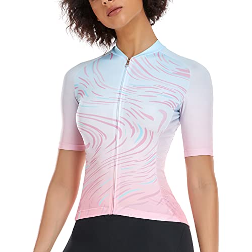 Santic Radtrikot Damen Kurz Fahrradtrikot Damen Fahrrad Shirt mit Taschen Rosa EU M von Santic