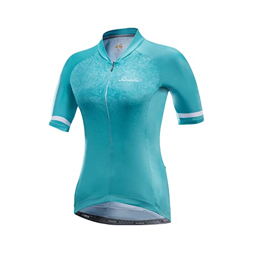 Santic Radtrikot Damen Kurzarm Fahrradtrikot Damen Fahrradshirt Radshirt Kurzarm Sommer mit Taschen Blau EU S von Santic