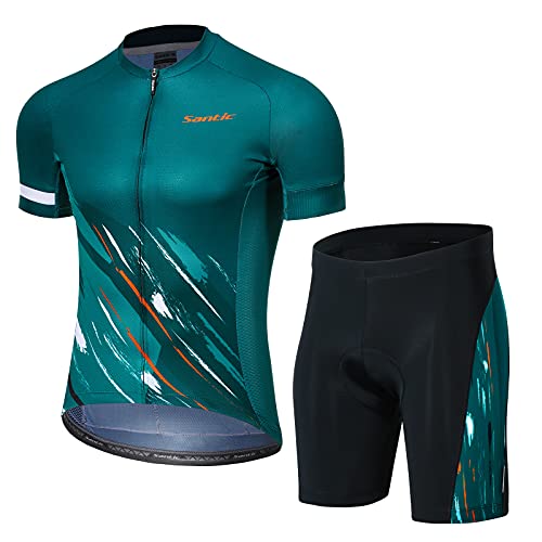 Santic Radtrikot Set Kurzarm Herren Radsport Set Fahrradtrikot Anzüge Radhose/Trägerhose mit Sitzpolster Grün L von Santic