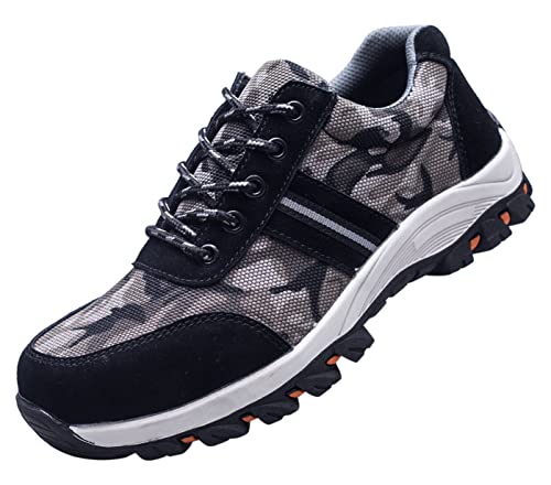Herren Sicherheitsschuhe Arbeitsschuhe Stahlkappe Sportlich Schutzschuhe Anti-Punktion rutschfeste Luftdurchlässige Schuhe Camouflage Schwarz 45 EU von Santimon