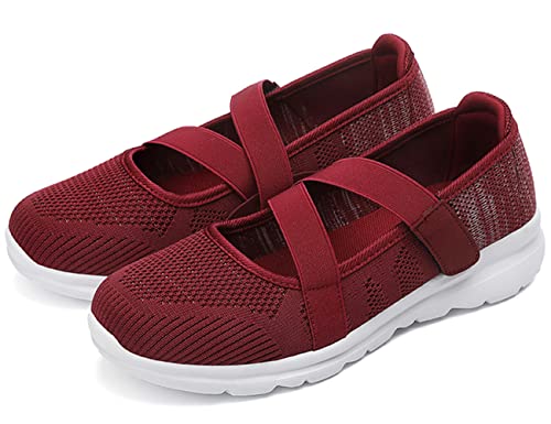 Santimon Damen Schuhe Klettverschluss Wanderschuhe Gittergewebe Atmungsaktiv Leicht Draussen Sommer Sport Joggen Anti-Rutsch Flache Schuhe Weinrot 40 EU von Santimon